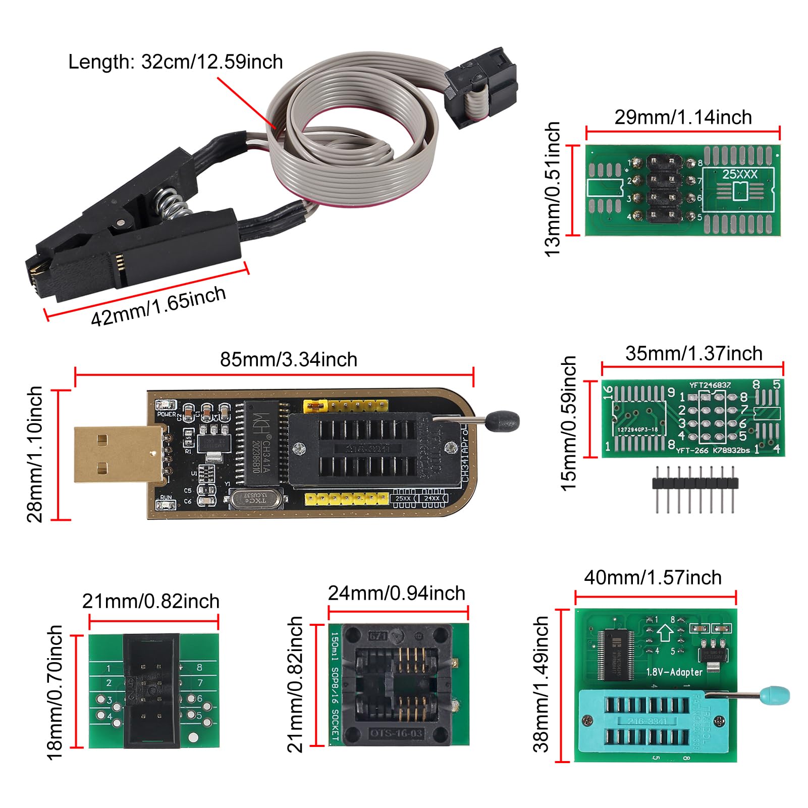 XIITIA 2Sets SOIC8 SOP8 Test Clip for EEPROM 93CXX/25CXX/24CXX + CH341A 24 25 Series for EEPROM Flash BIOS USB +1.8V Adapter + Soic8 Adapter Programmer Module Kit