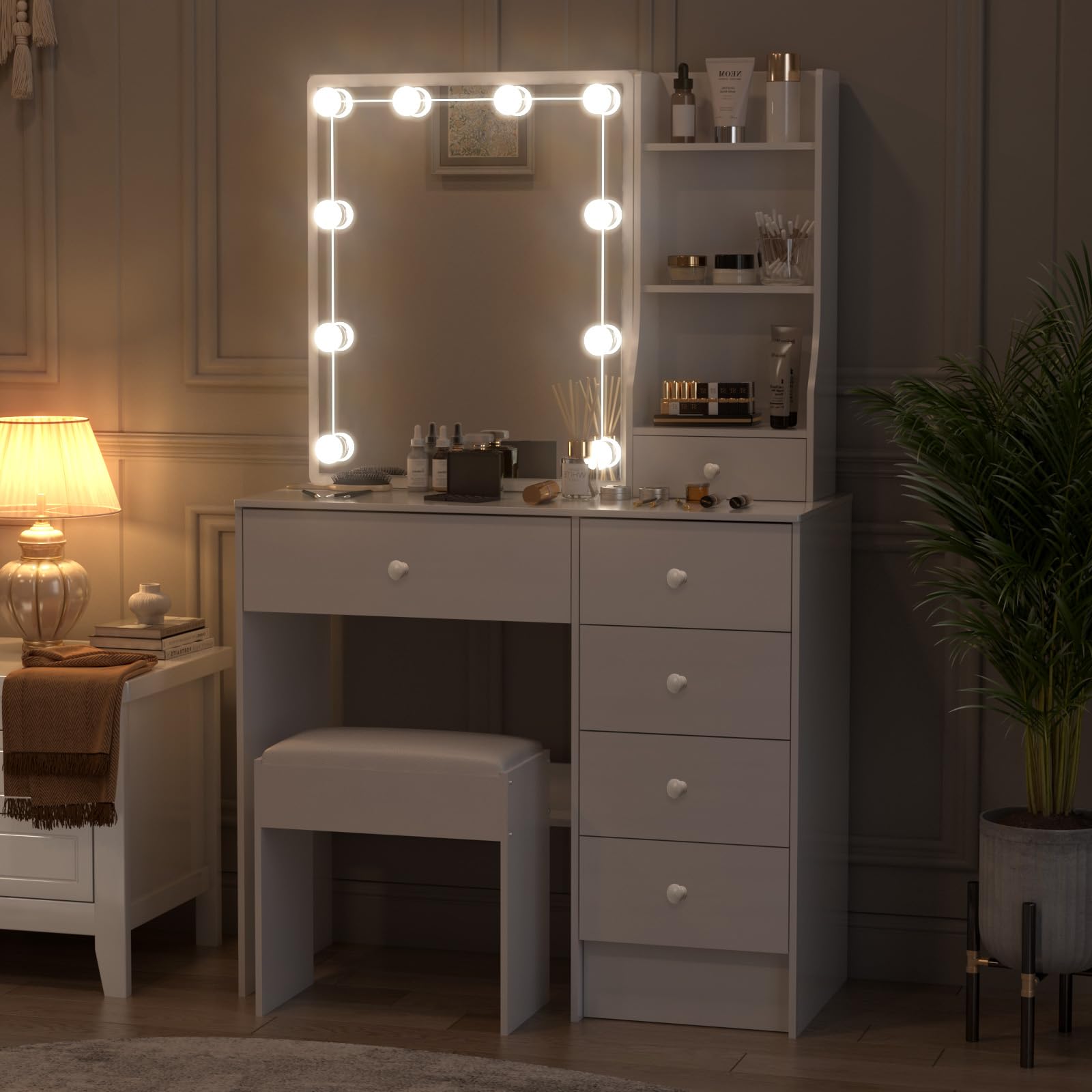 Toeletta Trucco con Specchio e Sgabello, Postazione Make-up Robusta con Luci Dimmerabili e Guida Video, Scrivania da Trucco con 6 Cassetti e 6 Ripiani, Bianco, 36×80×131 cm, H411226