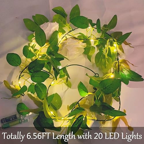 Miniatura 7 de Guirnalda de flores artificiales con 20 luces LED, 6.56 pies colgantes de rosas y vides, guirnalda de luces decorativas para jardín, boda,