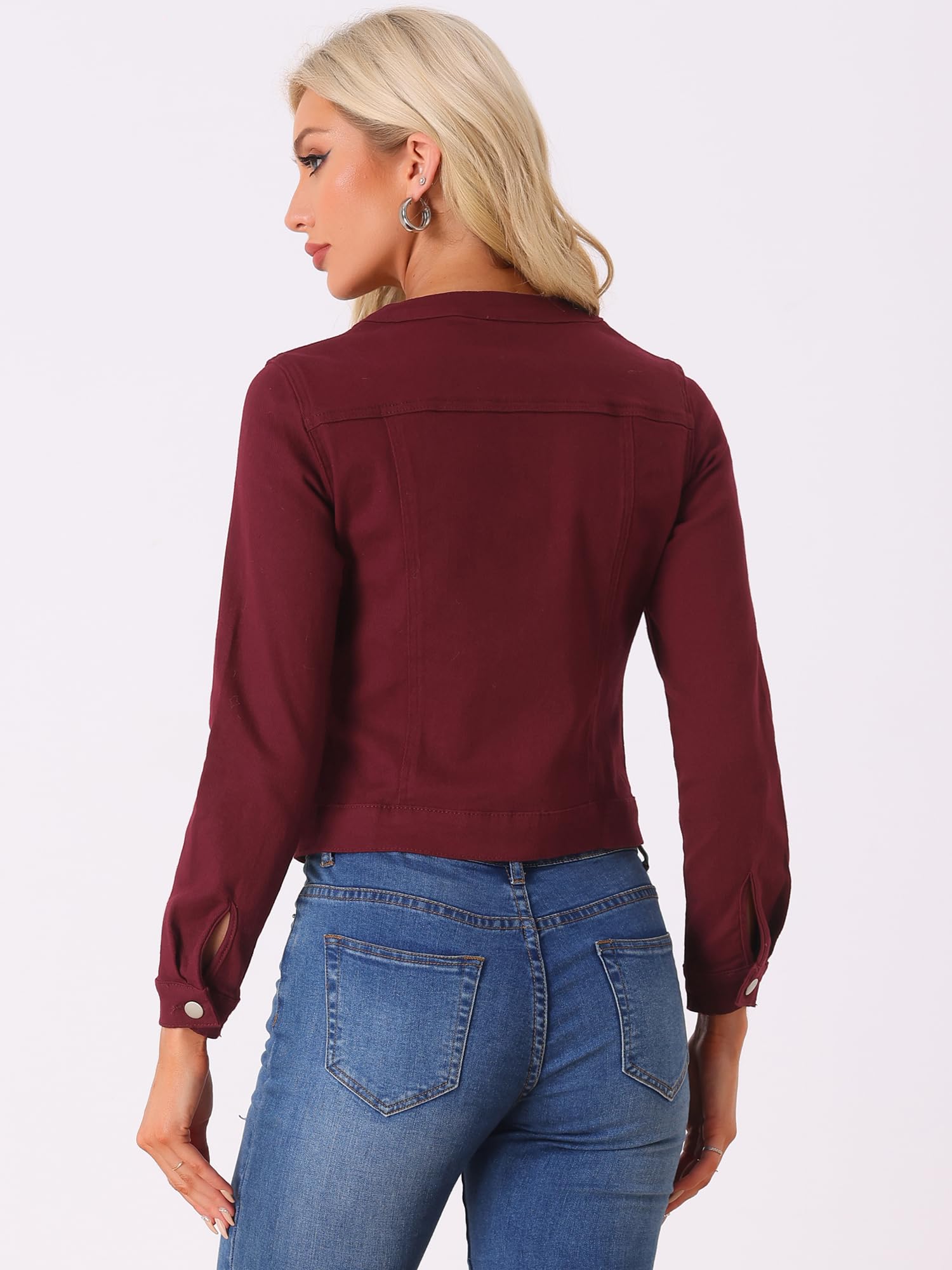 Allegra K Damen Langarm Kragenlos Knopfleiste Jeansjacke Denim Jacke