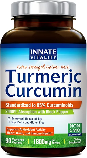 Innate Vitality Turmeric Curcumin Supplement 1800mg with Black Pepper 95% Curcuminoids, Extra Strength & Enhanced Absorption, Healthy Inflammatory Response, Antioxidant, 90 Caps