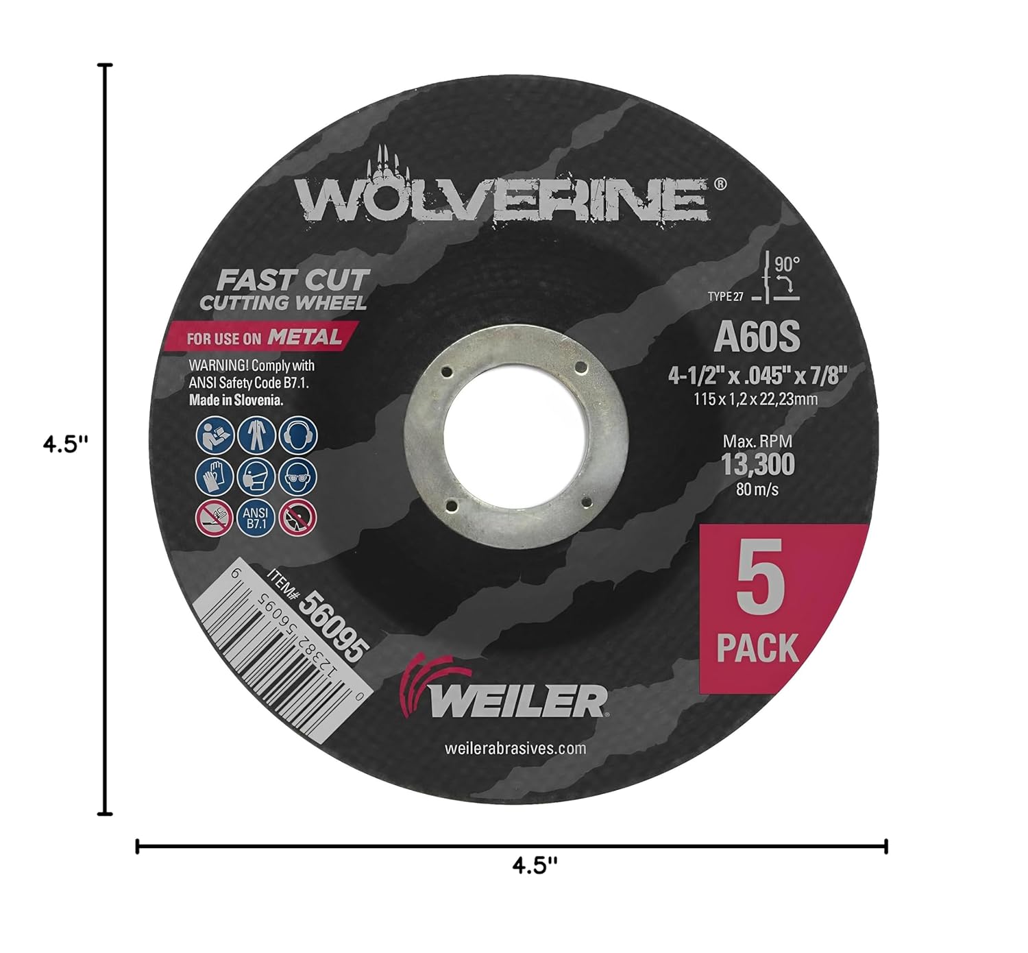 Weiler 56095 4 1/2" Cutting Wheel, 5 Pack, General Purpose Cut Off Wheel, All Metals, 4-1/2 Inch x .045" x 7/8" Wolverine Type 1, A60T, 7/8" A.H.