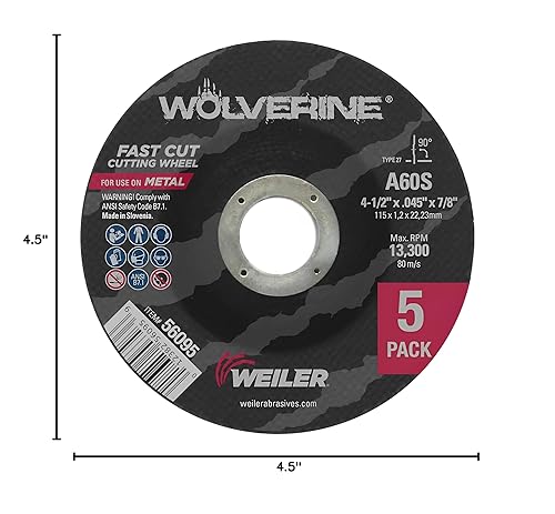 Miniatura 8 de Weiler 56095 Rueda de corte de 4 12 pulgadas, paquete de 5, rueda de corte de uso general, todos los metales, 4-12 pulgadas x .045 pulgadas x 78