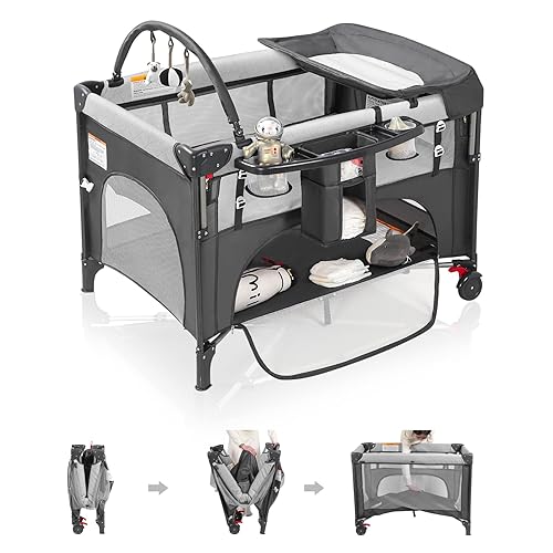 Moisés de bebé 4 en 1 con configuración con una sola mano y colchón impermeable - Paquete y juego certificado ASTM, corral plegable portátil con