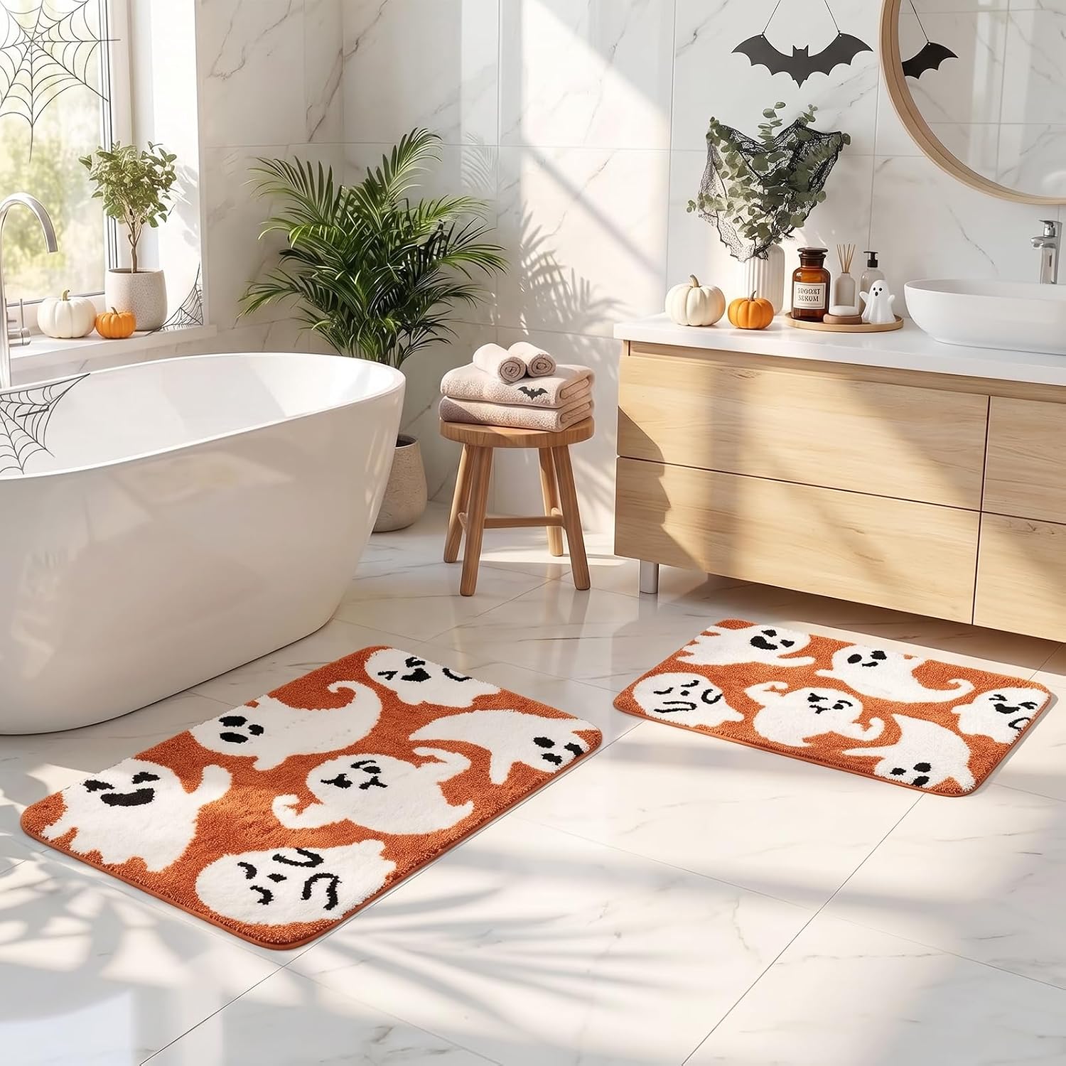 Arttown Bathroom Rug Set of 2, 16"x24"+20"x32", Halloween Ghost White