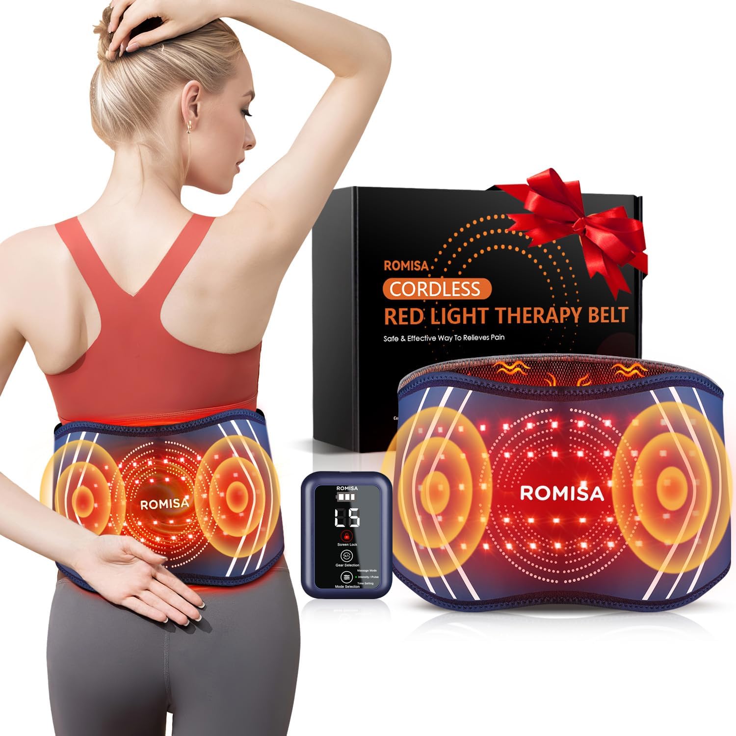 Cordless Red Light Therapy Belt & Back Massager for Relief, Infrared Light Therapy Vibration Rechargeable, Red Light Therapy Device for Body Massage for Back Waist.