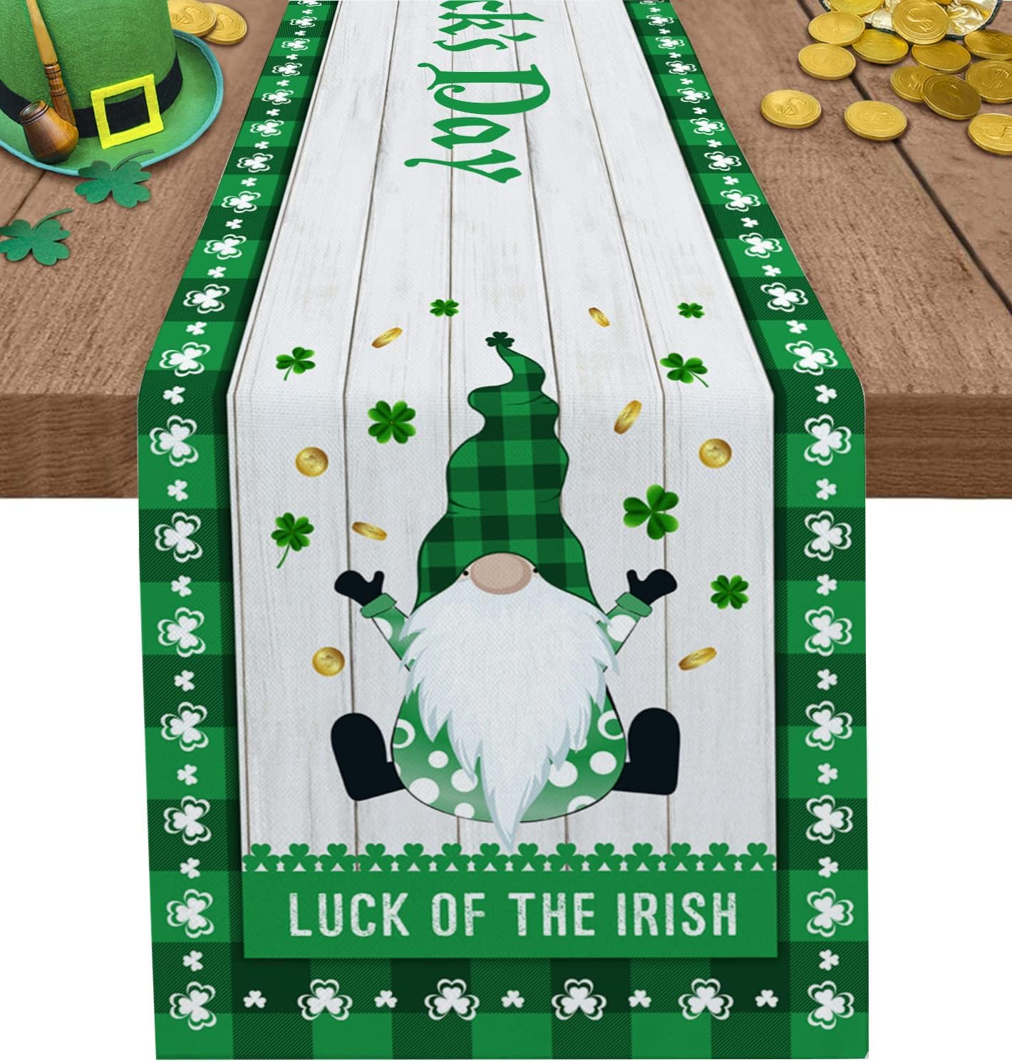 Green Plaid Table Runners 108 Inches Long St. Patrick's Day Drawf with Shamrock Wood Grain Texture Cotton Linen Table Runner for Dining Room/Kitchen-Table Decor for Holiday, Wedding, Party