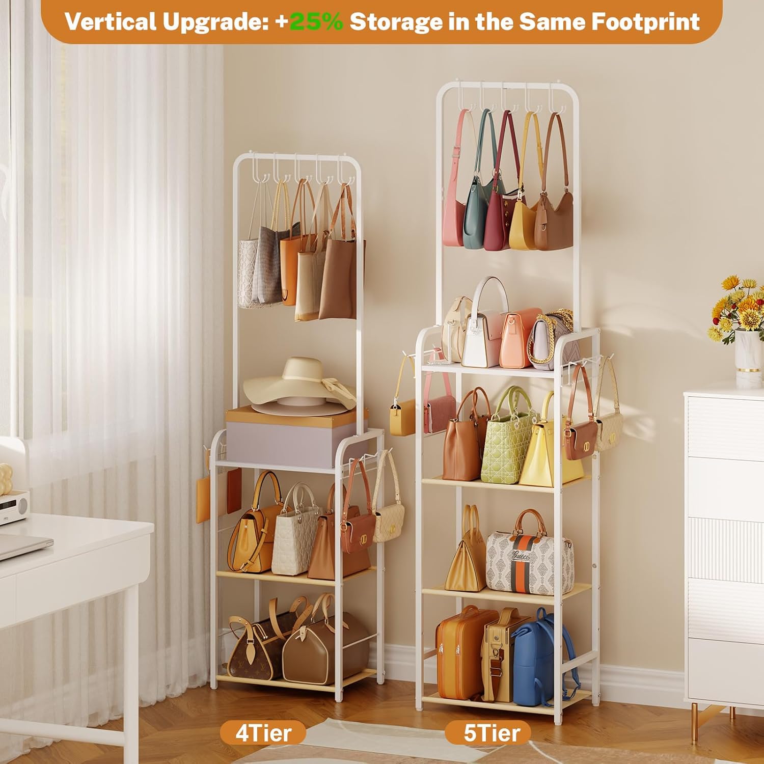 Tall 5-Tier Purse Organizer for Closet with 5 Purse Hanger, Large Purse Rack Stand with 6 Side Hooks, Adjustable Handbag Organizer Shelf, Space-Saving Narrow Purse Storage Organizer for Small Place - Image 8