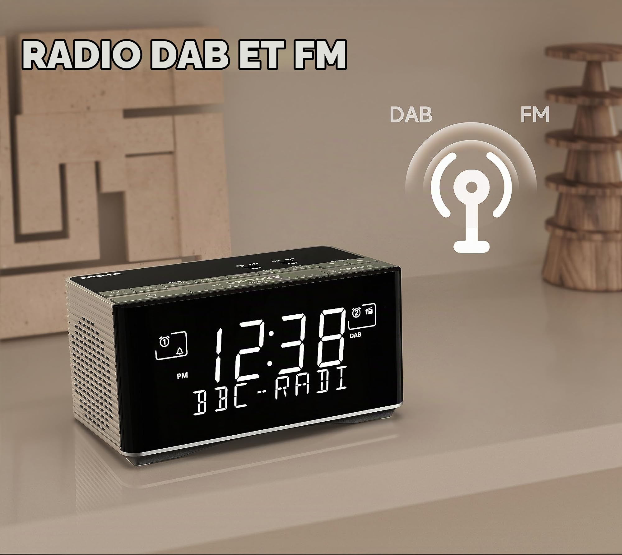 iTOMA Réveil Radio FM et Dab/Dab+ avec Port de Charge USB, Haut - Parleur stéréo Bluetooth, Prise Casque, Double Alarme, Snooze, écran LCD dimmable 3501