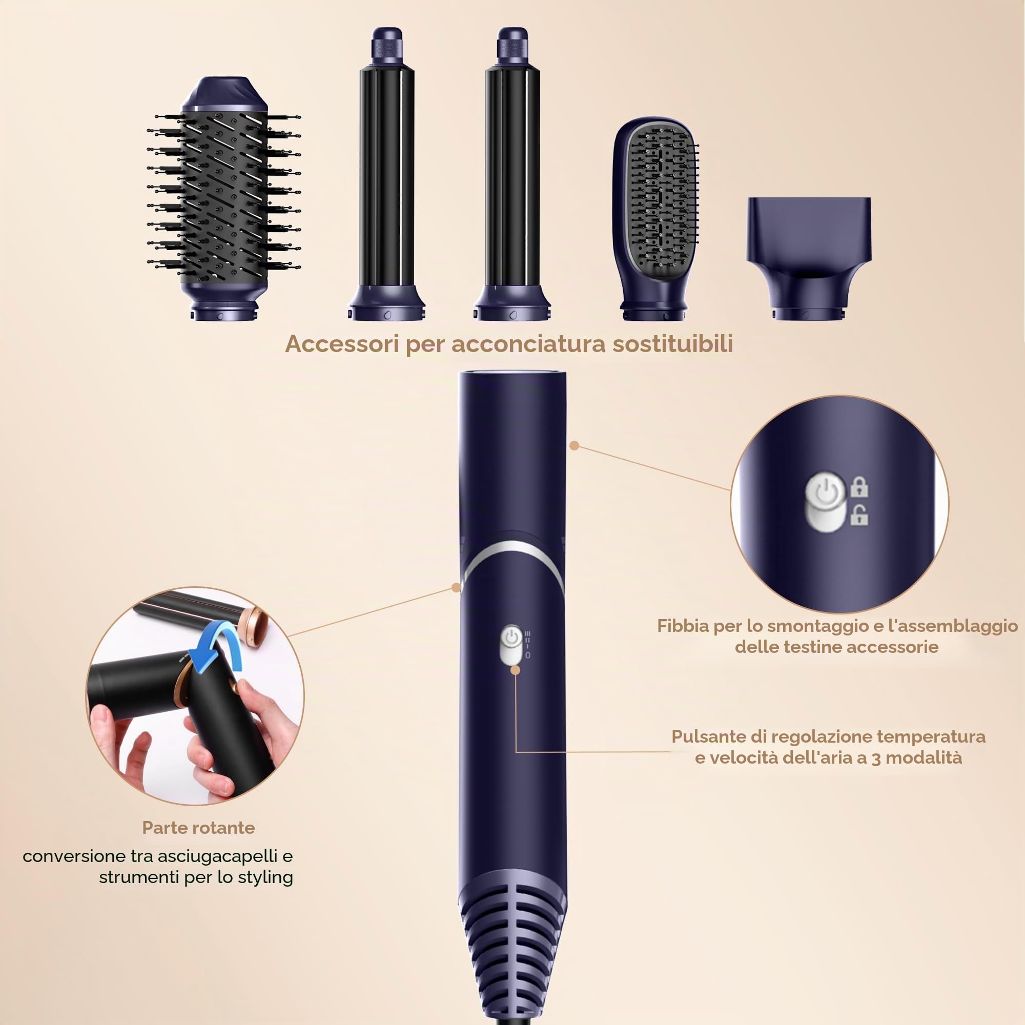 UKLISS Airstyler Spazzola Asciugacapelli Set 5 in 1 per Capelli Phon Capelli ad Asciugatura Rapida Arricciacapelli Spazzola Capelli Hairstyler Cofanetto Regalo Donna, Blu/Argentato