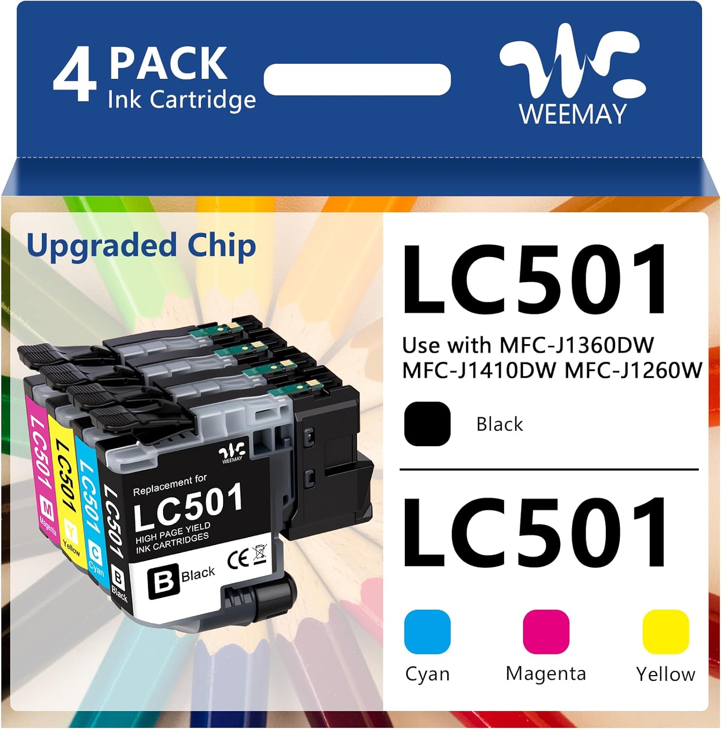Weemay LC501 Ink Cartridges lc501 Series Inks (4-Pack,B/C/Y/M) Compatible for Brother LC501 Ink Cartridges LC501XL for Brother MFC-J1360DW MFC-J1260W MFC-J1410DW Printer (Black,Cyan,Yellow,Magenta)