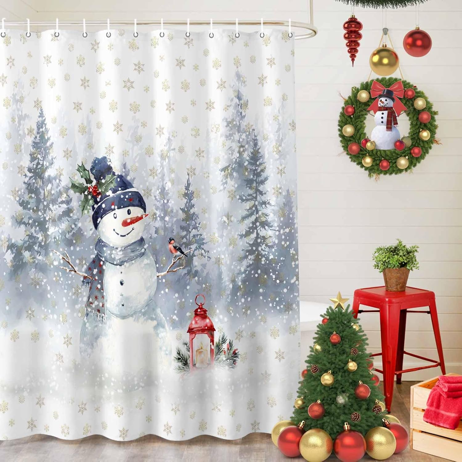 Christmas Shower Curtain for Bathroom 72" x 84" Tree Winter Snow Snowman Shower Curtain with Hooks Polyester Waterproof Home Bathtub Decor