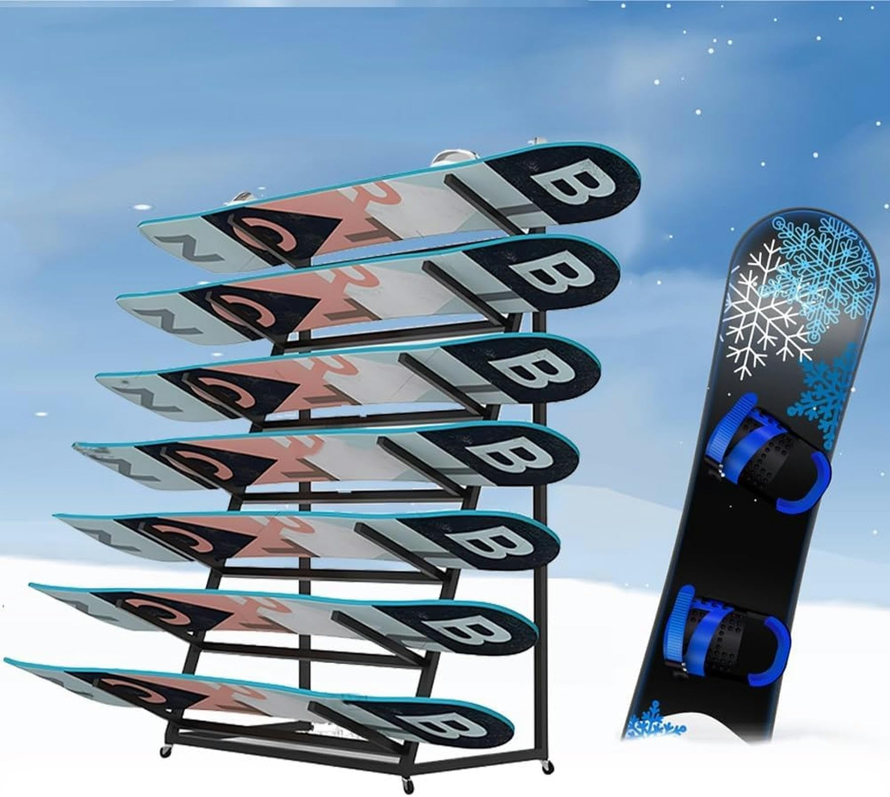 Freistehendes Snowboard- und Ski-Aufbewahrungsregal aus Metall für Garage oder Heim-Fitnessstudio – 4/5/6 Ebenen zur individuellen Organisation, robustes Dreiecksdesign für maximale Platzeff