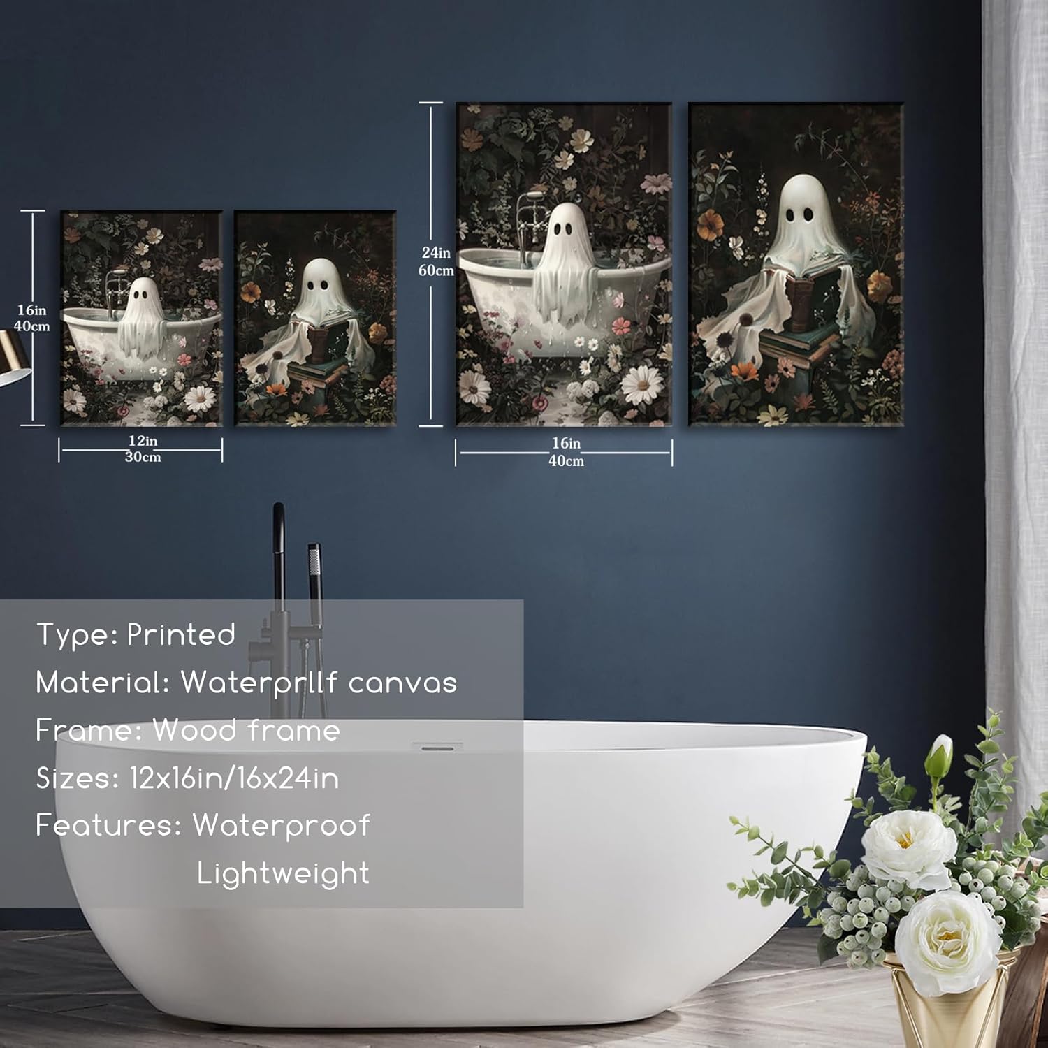 Framed Ghost Wall Art Set of 2 Dark Gothic Floral Canvas Wall Art Bathtub Reading Ghost Poster Cute Halloween Picture Prints Rustic Spooky Décor for Bathroom Bedroom 12x16 Inch