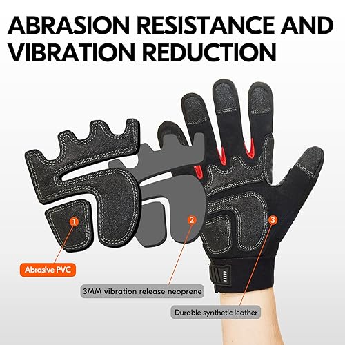 Miniatura 4 de Vgo... 1 par de guantes de trabajo mecánico de cuero sintético resistente, compatibles con pantalla táctil (talla XL, negro rojo, SL9722)