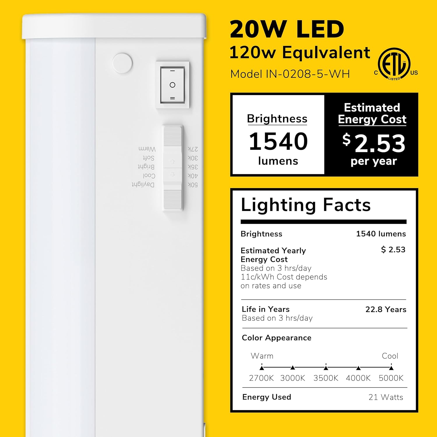 Inlight 40" LED Under Cabinet Lighting, 5 CCT Selectable 2700-5000 K, Dimmable, ETL-Listed, White Finished, IN-0208-5-WH