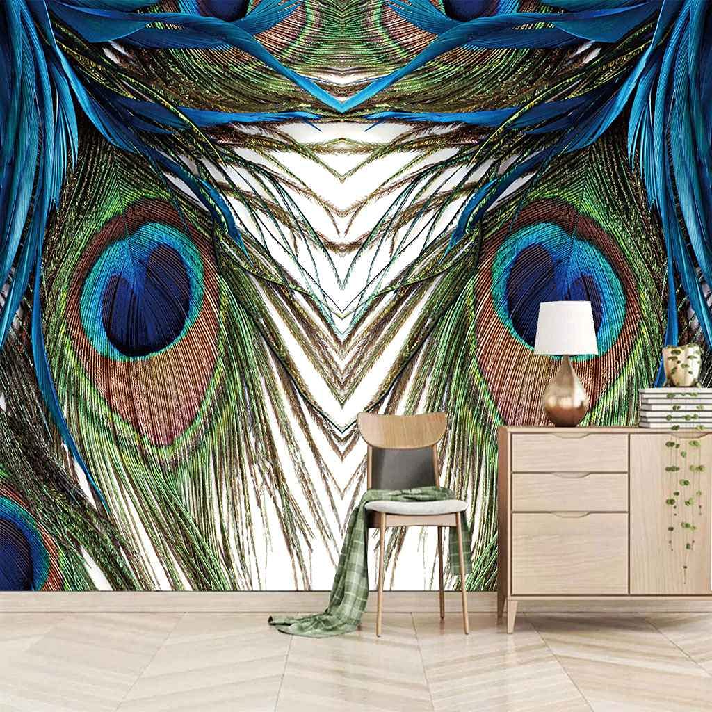 Papier peint plumes de paon vert 300x210 cm mural auto-adhésif pour salon