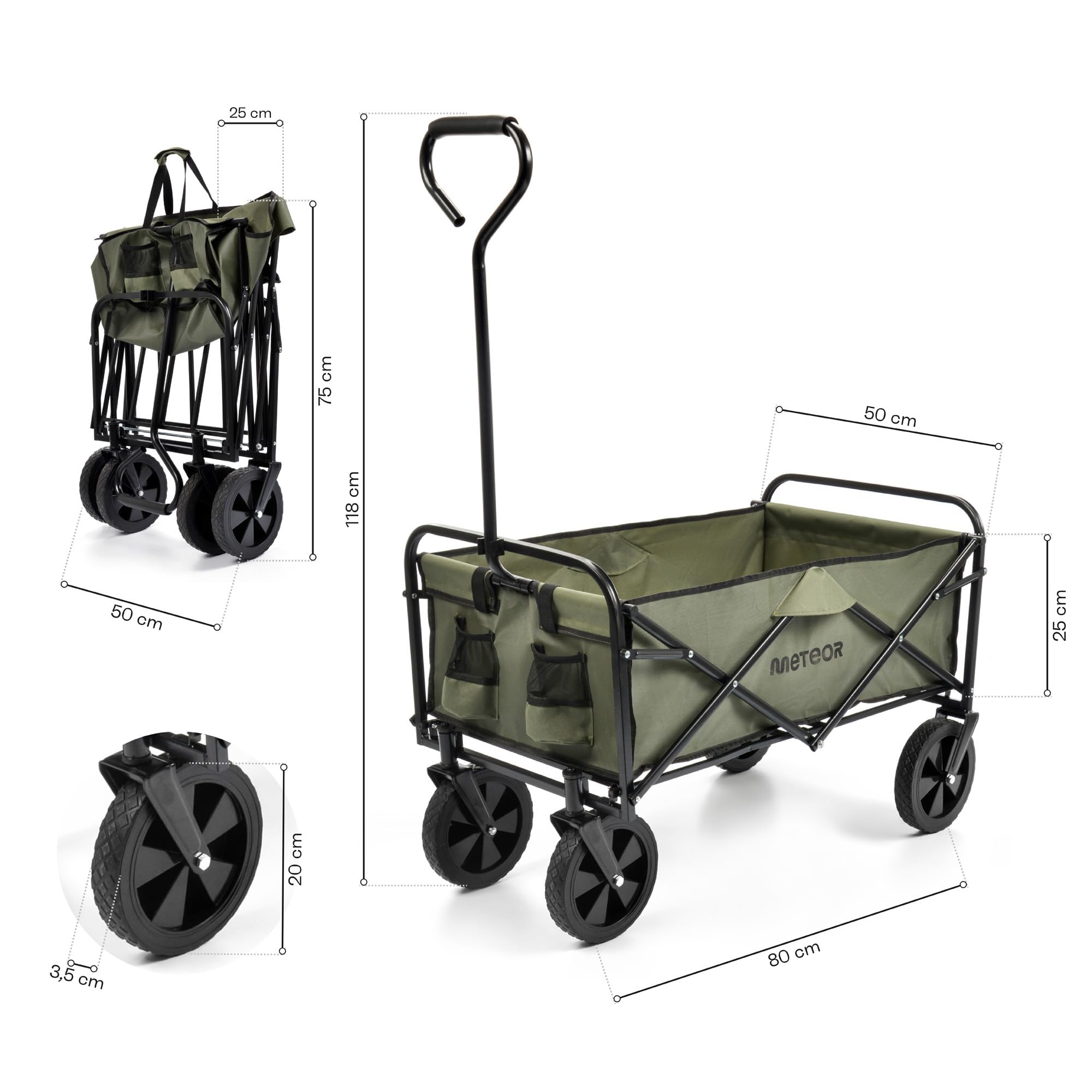 meteor Bollerwagen faltbar X-200 90L Transportwagen und Handwagen mit 80 kg Tragkraft klappbarer Gartenwagen mit Stahlrahmen PU-Rädern Seitentaschen für Camping Strand Einkauf dunkelgrün