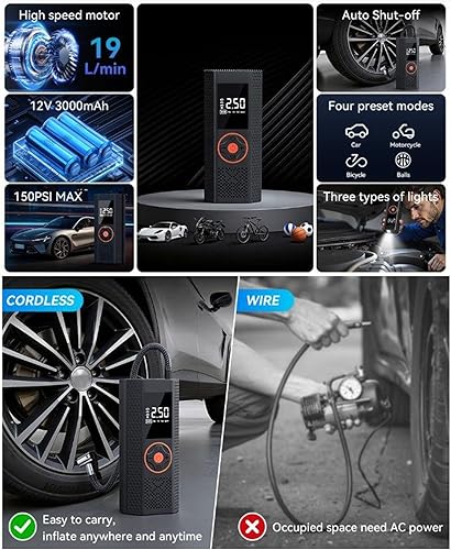 Miniatura 5 de Bomba de aire para neumáticos de automóvil, batería recargable, 7.0 x 3.0 x 2.2 in, bomba de aire multiusos, inflador de neumáticos portátil,