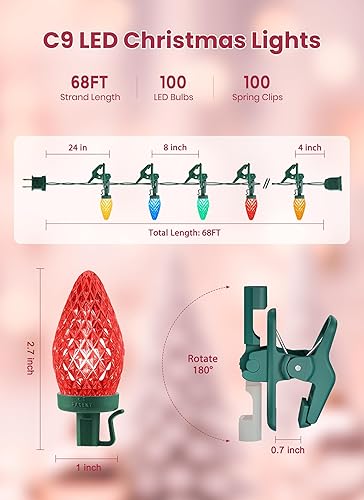 Miniatura 5 de Luces LED C9 de Navidad para exteriores, 68 pies, 100 luces LED de fresa con 100 abrazaderas de resorte, impermeable, grado comercial, extensible,