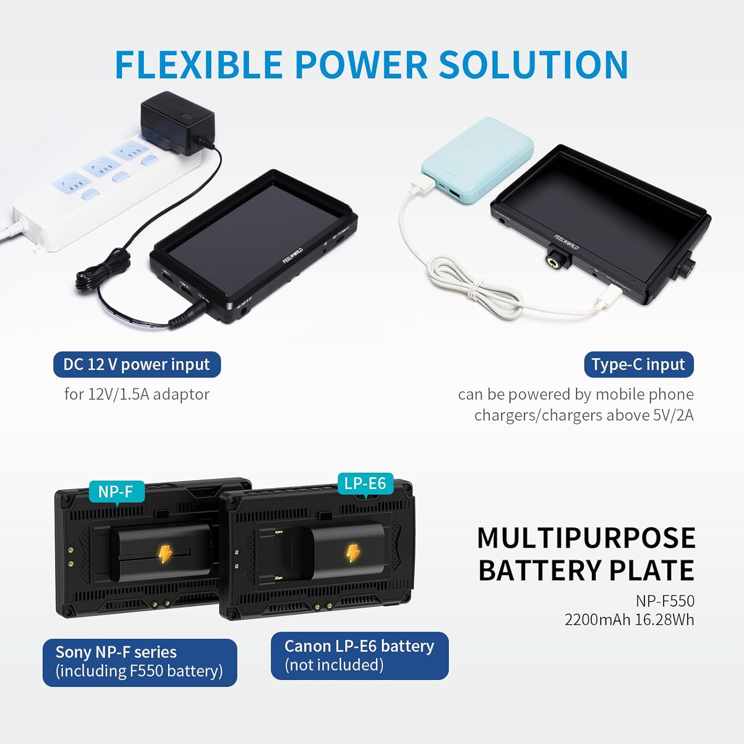 FEELWORLD 5.5 Inch DSR Camera Field Monitor with F550 Battery 2200mAh+Bag Small Full HD 1920x1152 IPS Video Assist Mit HDMI Output and Input S55V3