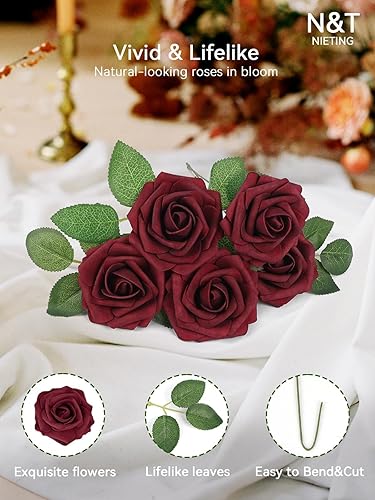 Miniatura 5 de N&T NIETING 25 unidades de flores artificiales, Rosas de espuma artificial de sensación real al tacto, decoración para boda, dama de honor, ramo de