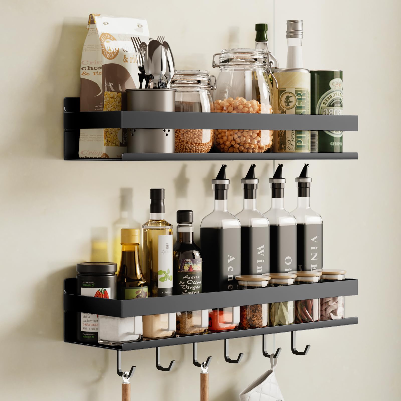 devesanter Gewürzregal Wand 2er Set Ohne Bohren Küchenregal mit 6 Haken, Hakenleiste Hängend Gewürzregal Schranktür Duschablage für Küche Badezimmer Balkon （Schwarz,40 cm）
