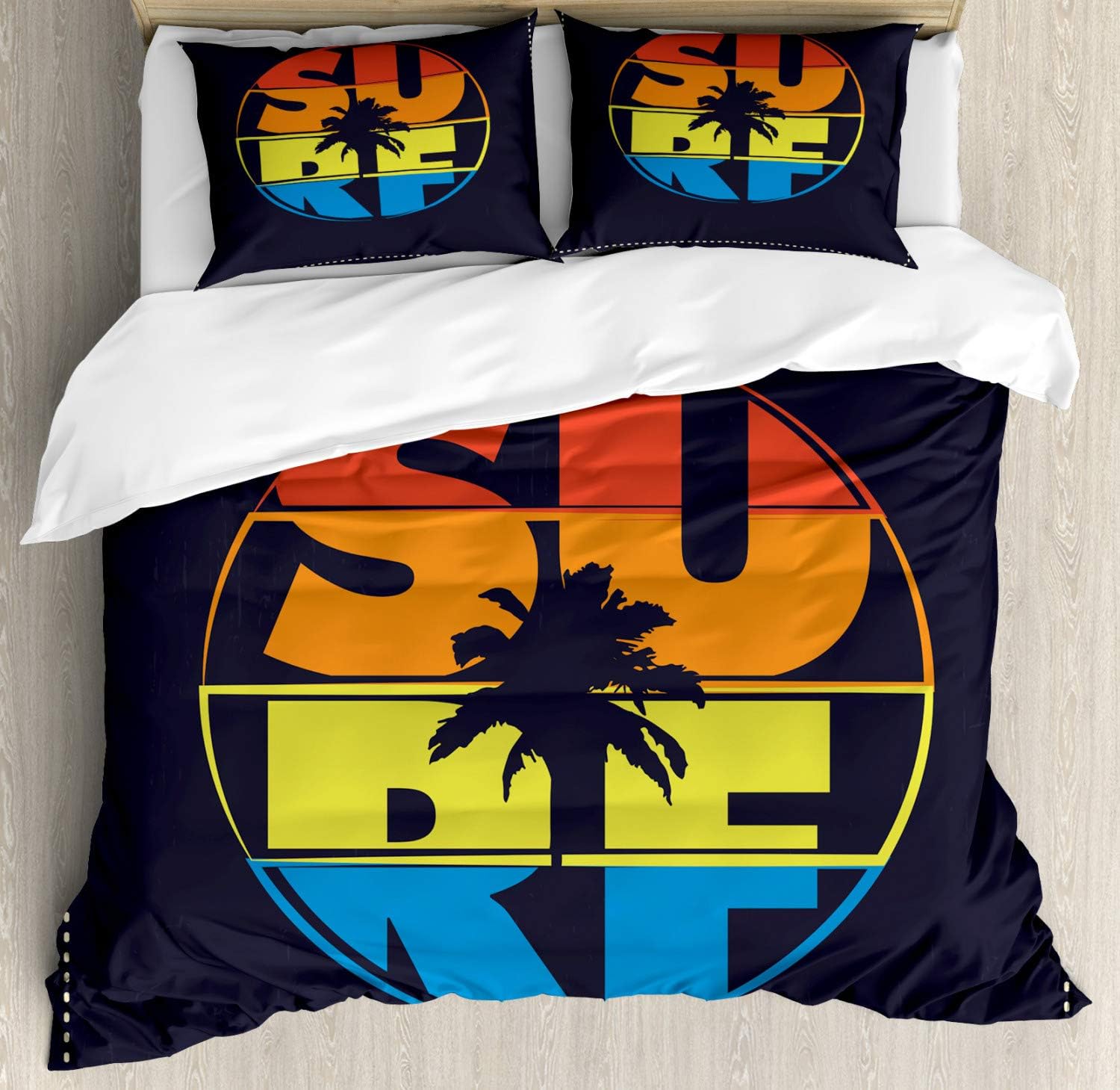 Ambesonne Modern Duvet Cover Set, Surf Typography in Rainbow Colors Featured with Palm Tree Silhouette Illustration, Decorative 3 Piece Bedding Set with 2 Pillow Shams, Queen Size, Black Orange
