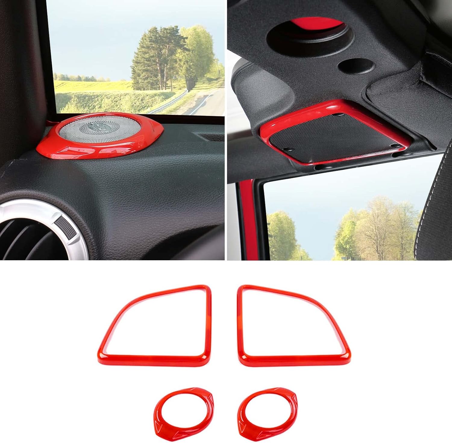 Jimen Compatible with 2015-2018 Jeep Wrangler JK JKU, 4PCS A Pillar Speaker & Roof Top Speaker Cover Interior Trim Accessories (Red)
