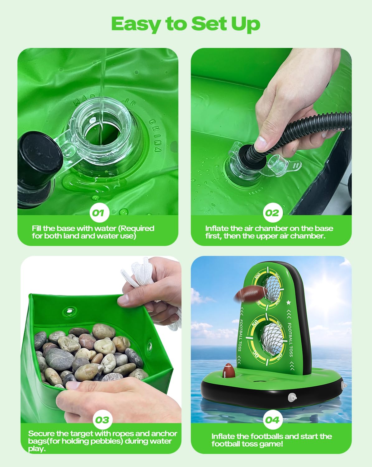 Juegos inflables de lanzamiento de fútbol para piscina, objetivo de fútbol acuático con 4 bolas y 2 bombas, base estable y diseño de doble red, juguetes de piscina al aire libre para niños y