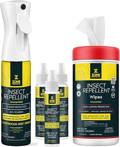 Picaridin Super Bundle Toallitas repelentes de insectos sin perfume (80 ct), espray continuo de Mistosol más tres aerosoles de viaje de 1 oz