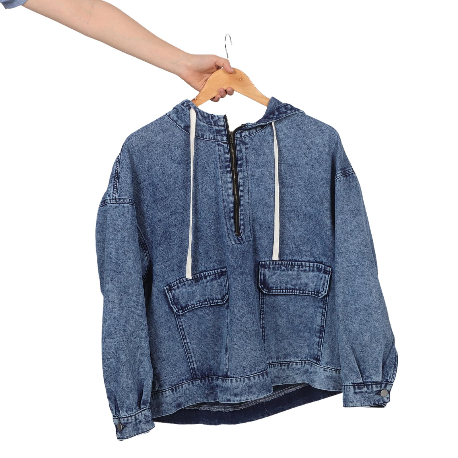 Healvian Chaqueta Vaquera Oversize con Capucha Estilo Vintage para Mujer Manga Larga Casual Urbano con Bolsillos