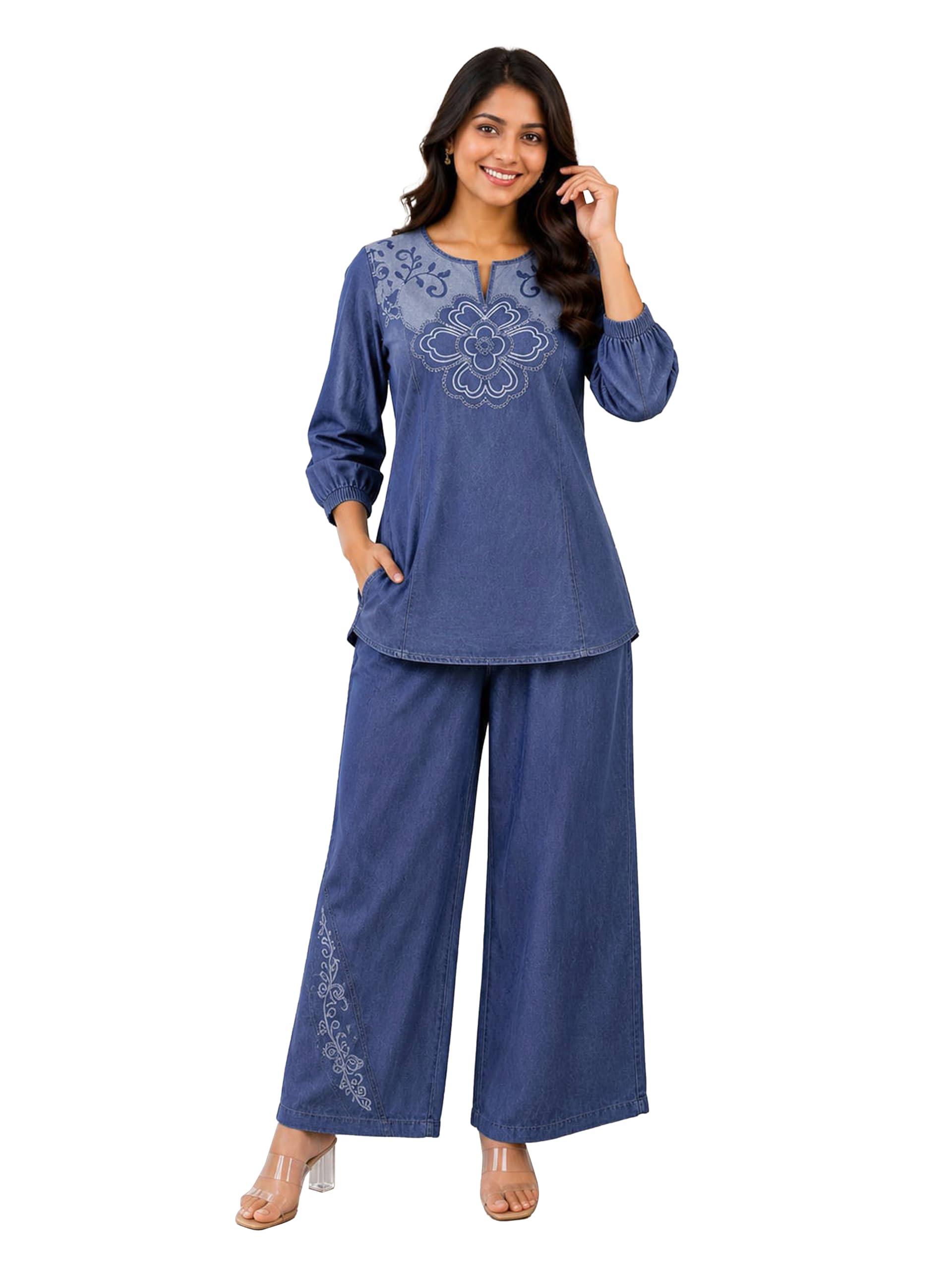 trendmalls Women’s Denim Embroidery Work Co-Ord Set with Shirt Style Top and Straight Pant for Women-picture-48