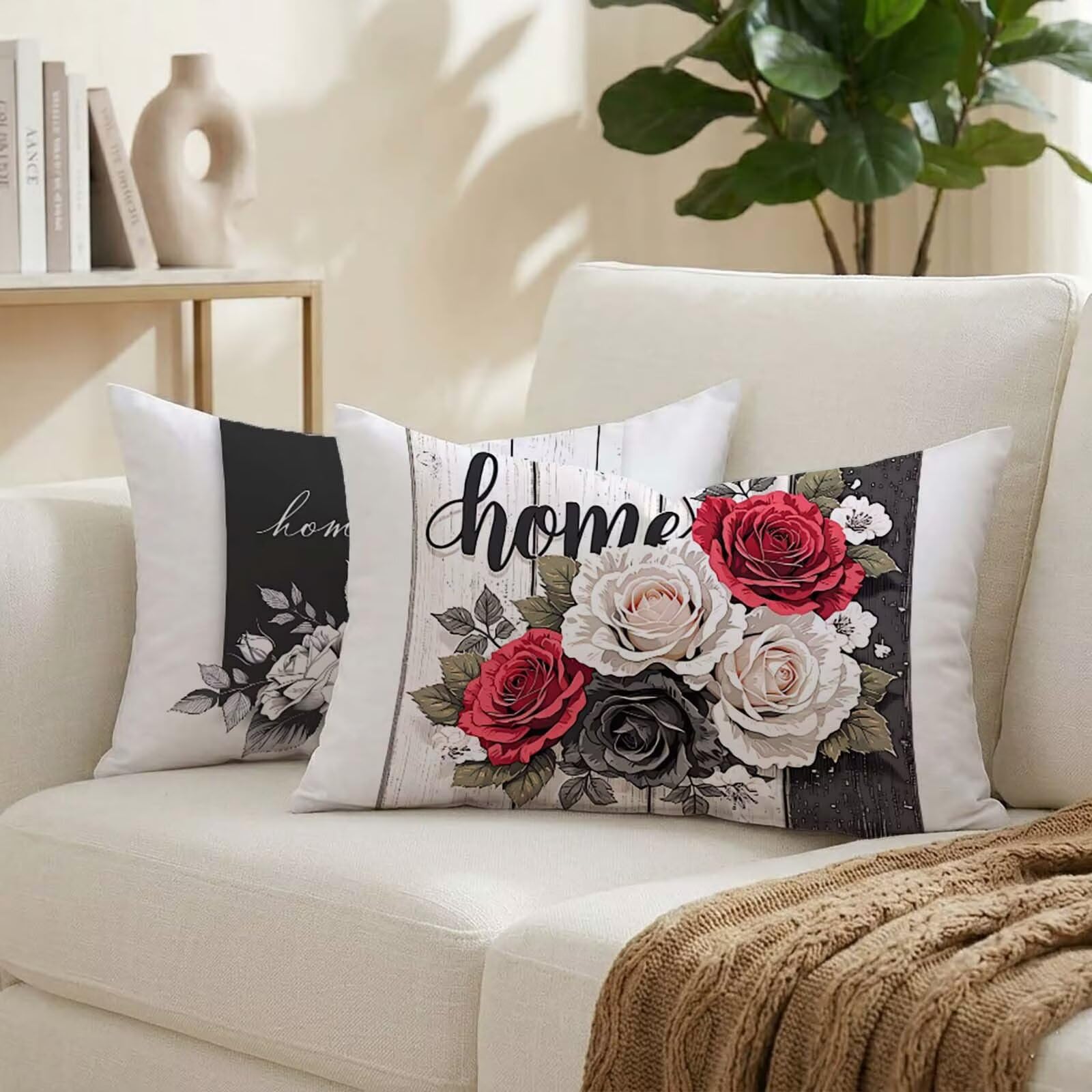 Velours Coussins Canape Decoratif Rose 40x80 cm de Haute Qualité Motif Fleur