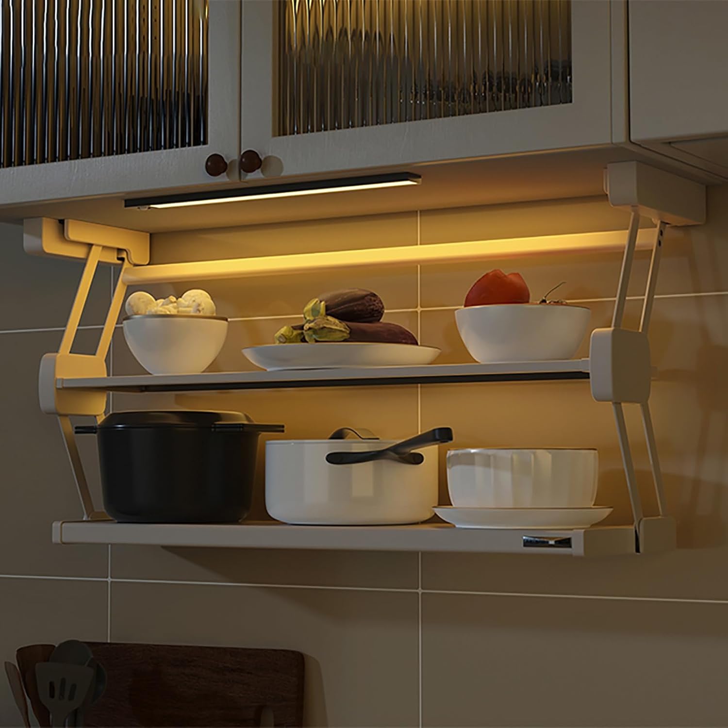 Folding Pull Out Cabinet Organizer with Sensor Light Strip, Drop Down Spice Rack for Under Hanging Cabinet, for Pantry/Cabinet/Cupboard, Hold Up to 22lbs (D8.3)