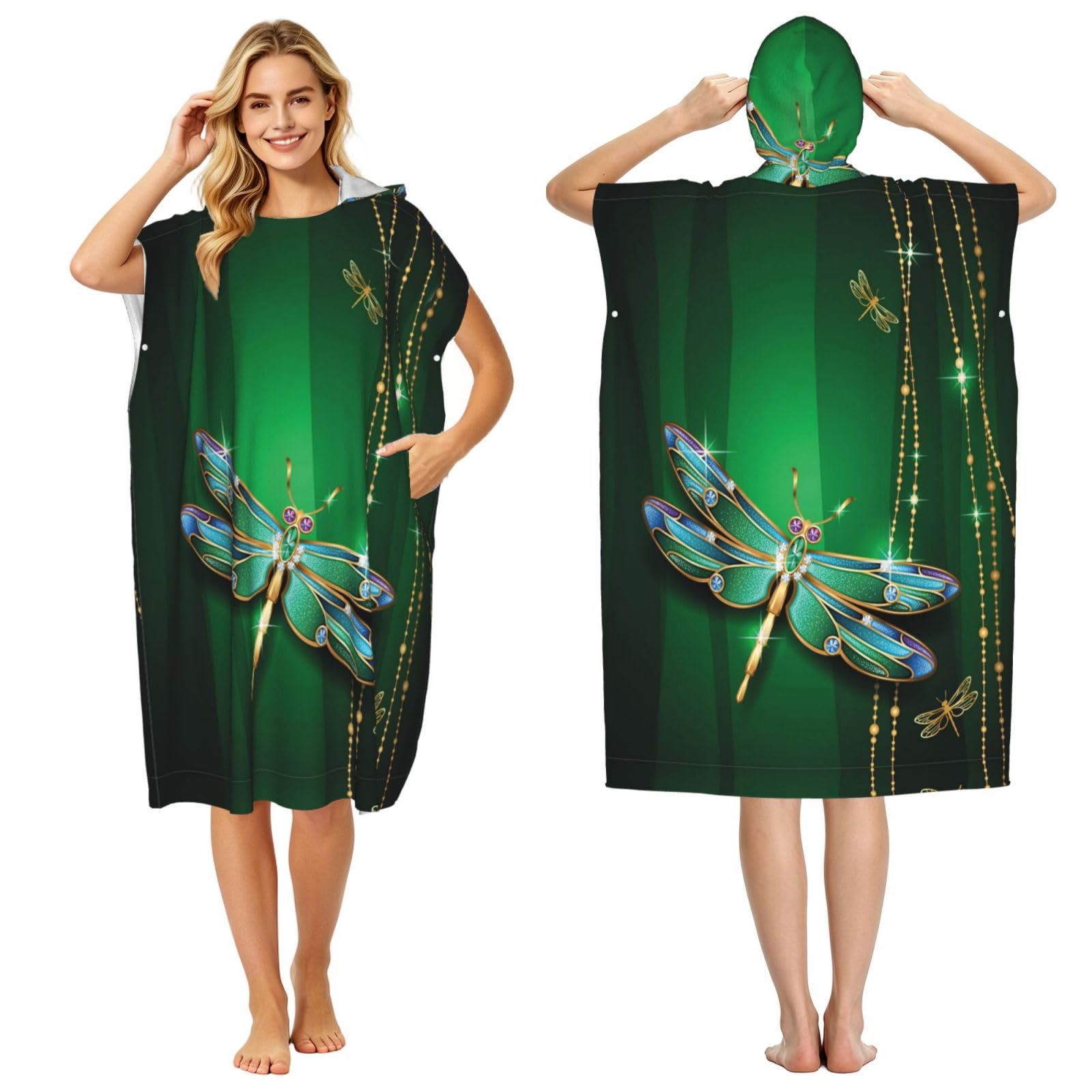 ESNAIUVCD Jewel Dragonfly Print Changing Robe, Hooded Towel Poncho For Swimming Pool, Beach,Quick Dry & Light Weight Towelling Poncho For Adults Women Men