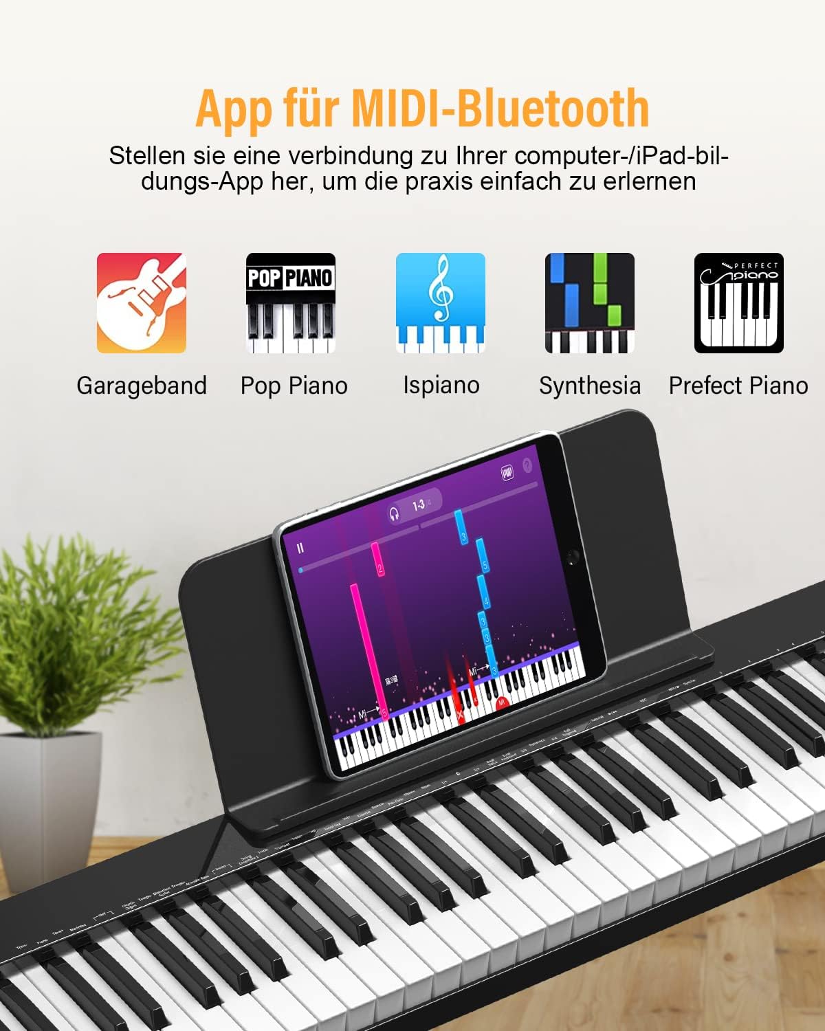 A tablet displaying a music learning app connected to the OYAYO digital piano via MIDI-Bluetooth, with logos of compatible apps like GarageBand, Pop Piano, Ispiano, Synthesia, and Perfect Piano.