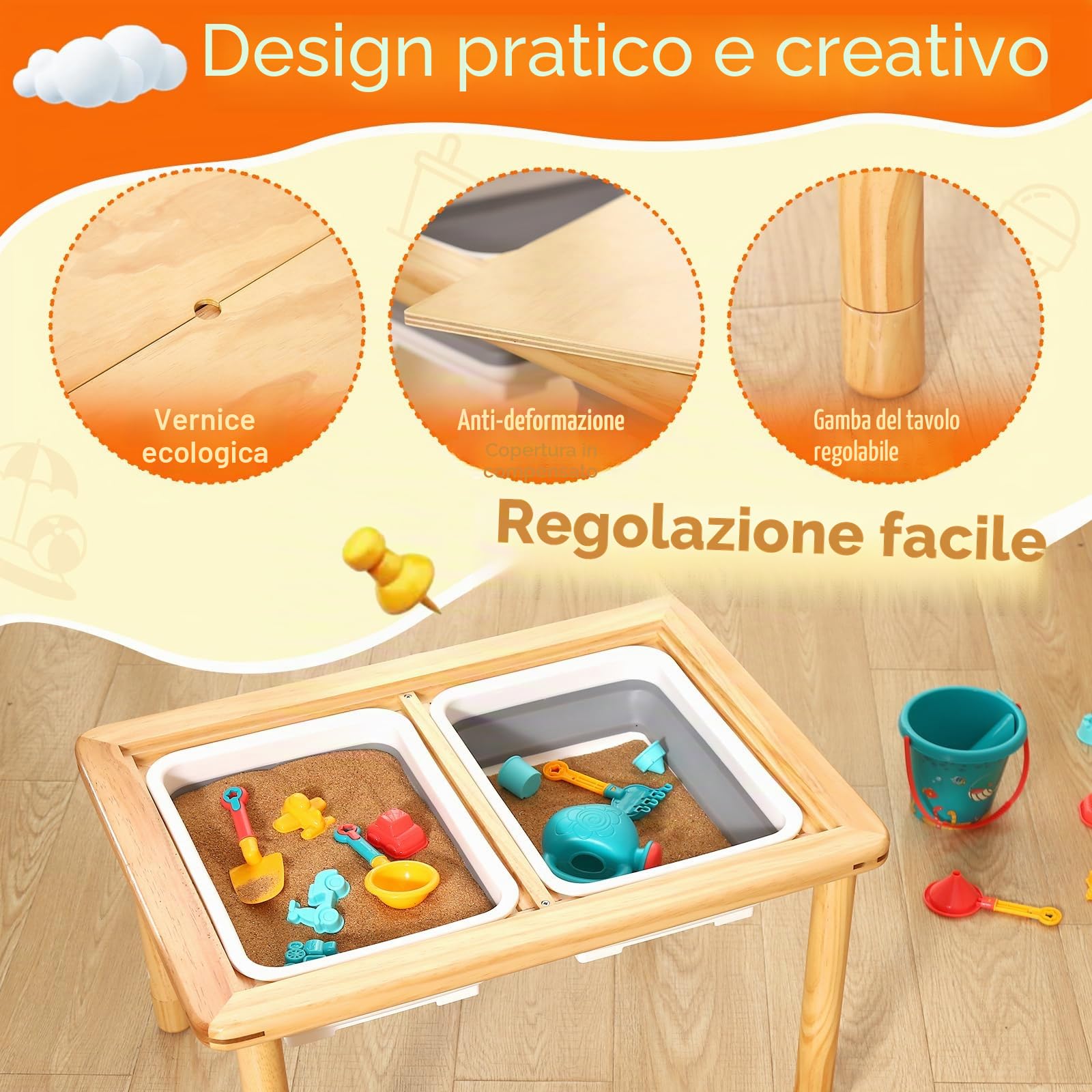 FUNLIO Tavolo sensoriale in Legno con 2 contenitori per Bambini da 1 a 5 Anni, Tavolo sensoriale per Bambini Regolabile in Altezza a 3 Livelli, Tavolo da Gioco per Sabbia e Acqua, Certificato CPC