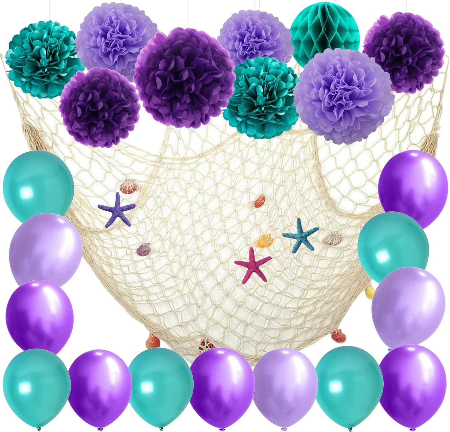 Kubert 27pcs Mermaid Party Decorations/Under The Sea Party Teal Lavender Purple Tissue Paper Pom Pom Latex Balloons Fish Net with Shells for Mermaid Baby Shower Decorations (Blue)