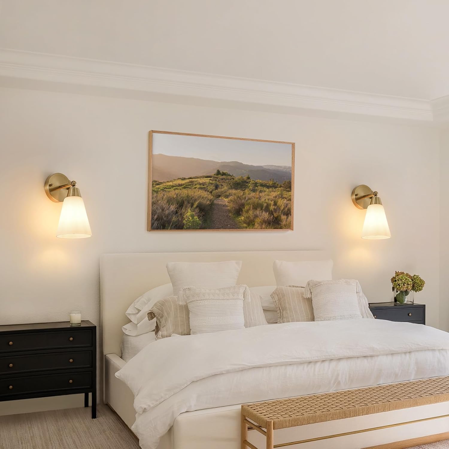MWZ Gold Wall Sconce Decor 2 Pack,Modern Brushed Brass Sconces Lighting with White Glass Shade,Bathroom Light Fixtures Over Mirror,Vanity Lights Over Sink,Indoor Wall Mount Adjustable Angle Lamp