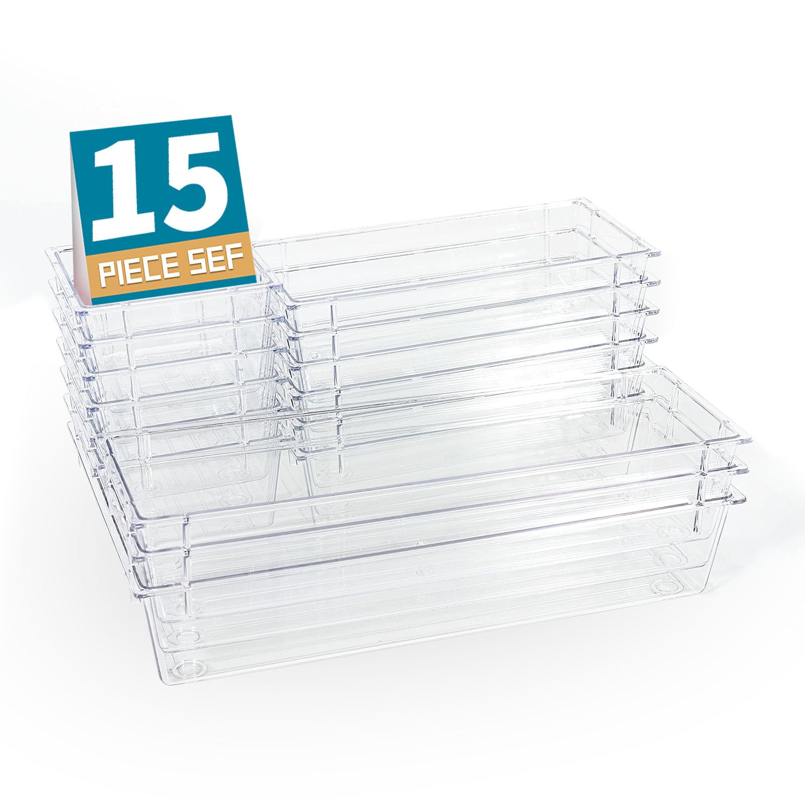haobin15 PCS Clear Drawer Organizer Sets, 4 Sizes Desk Drawer Organizers and Storage Bins for Makeup, Jewelry, Gadgets for Kitchen, Bedroom, Bathroom, Office