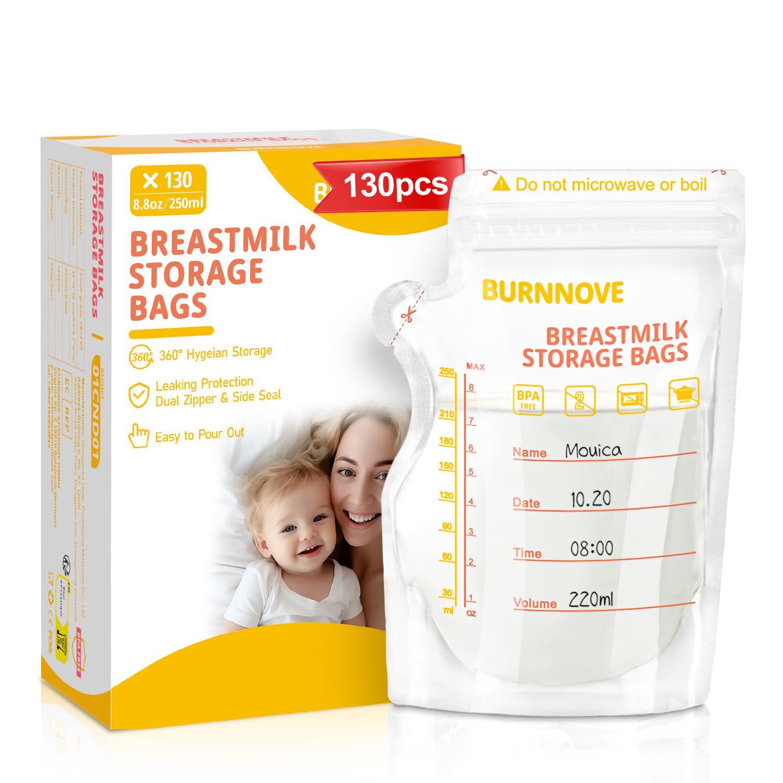 BURNNOVE Sachet Conservation Lait Maternelle 250ml Lot de 130 Sac Congelation Lait Maternelle sans BPA Pré-stérilisés Sac de Stockage avec Double Glissière de Sécurité Bec Verseur