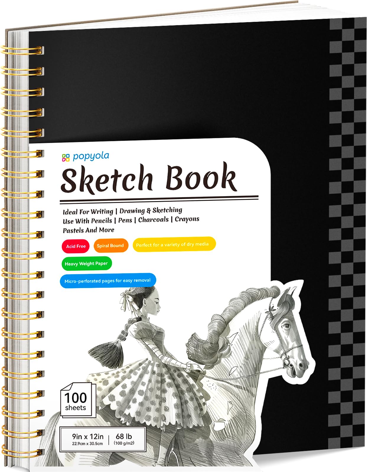 POPYOLA 9" x 12" Sketch Book, 1 Pack 100 Sheets (68lb/100gsm) Spiral Sketch Pad, Acid Free Art Sketchbook Artistic Drawing Painting Writing Sketching Pad for Kids Adults Beginners Artists