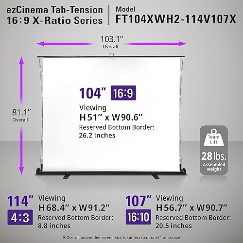 Miniatura 6 de Elite Screens ezCinema Tab-Tension X-Ratio - Pantalla de proyector portátil, relación multiaspecto, diseño manual de elevación de tijera y bolsa de