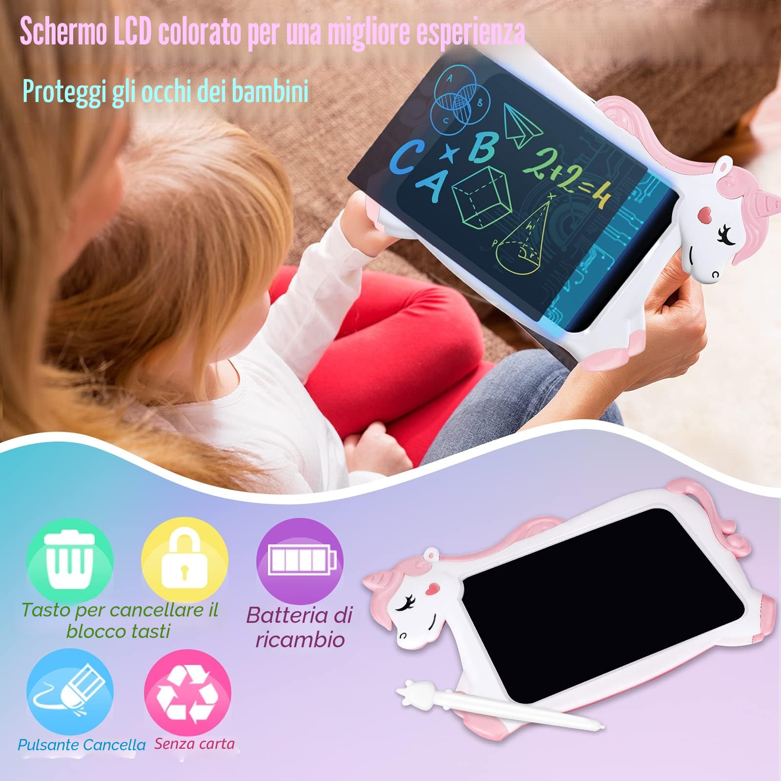 Unicorno Bambina Regalo Tavoletta Grafica - LCD Lavagna per Bambini 10 Pollice, Idee Regalo Bambina Giochi Bambini 3 4 5 6 7 + Anno Lavagnetta Tablet per Disegnare Gioco Giocattoli Idee Regali Natale