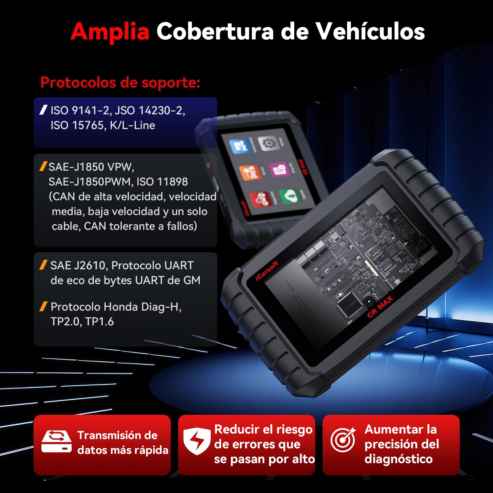 iCarsoft CR MAX OBD2 Máquina Diagnosis Coche Multimarca, Escáner de Todo el Sistema, Detector Fallos Coche con 49 Funciones Reinicio, Codificación ECU, Vin Automático, CANFD, Actualización por WiFi