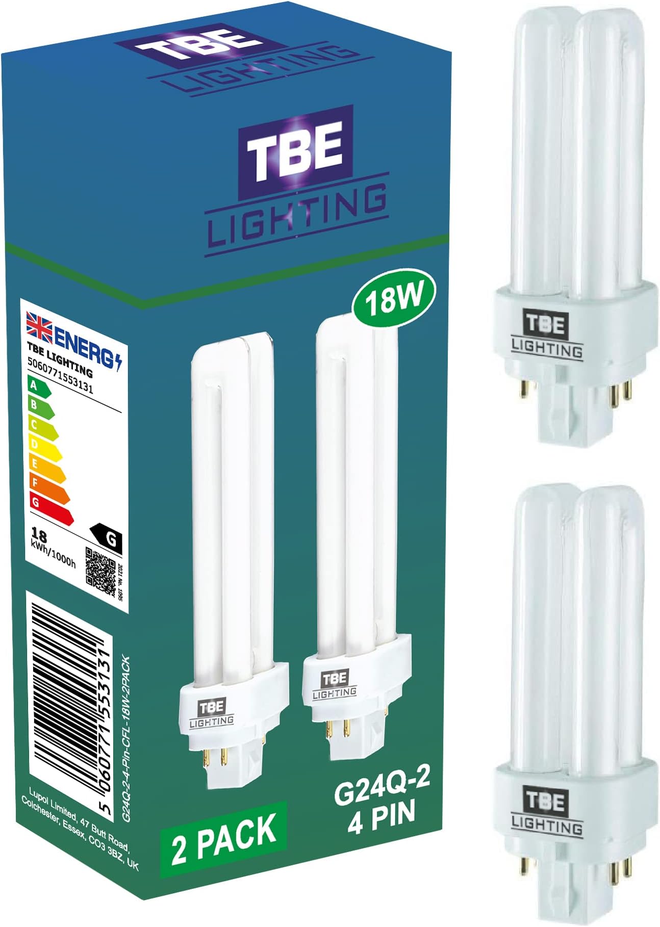 TBE LIGHTING 18w G24Q-2 4-Pin CFL Lamp - Pack of 2 Units - Cool White 4000K, 1250 Lumen/Double Turn CFL Compact Fluorescent Light