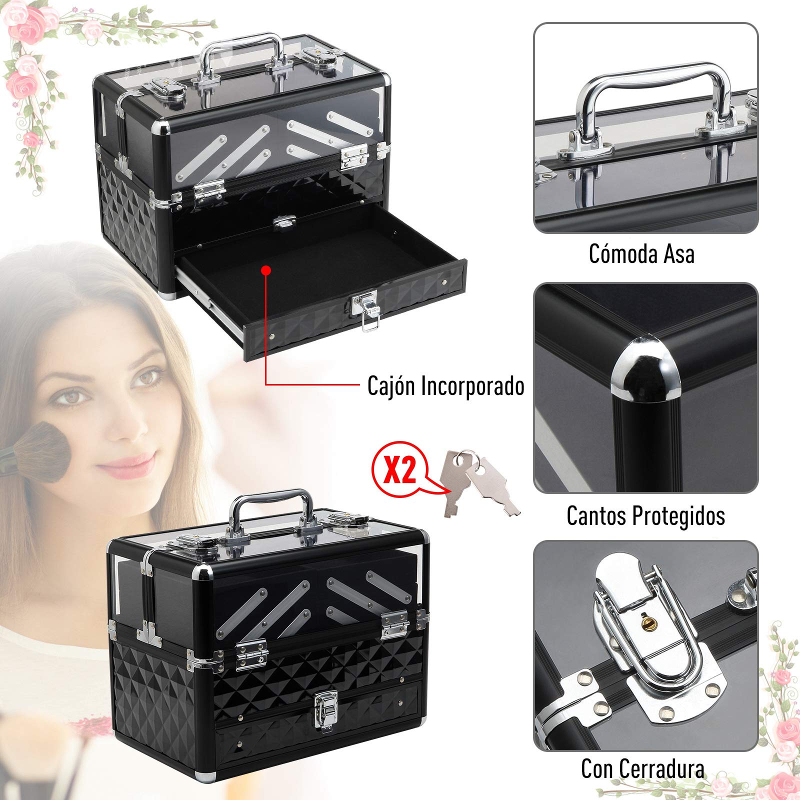 HOMCOM Maletín de Maquillaje Portátil 30x18,5x22 cm Transparente y Negro | Múltiples Niveles, Con Asa y Bandejas Desplegables, Aleación de Aluminio, Organizador Cosméticos