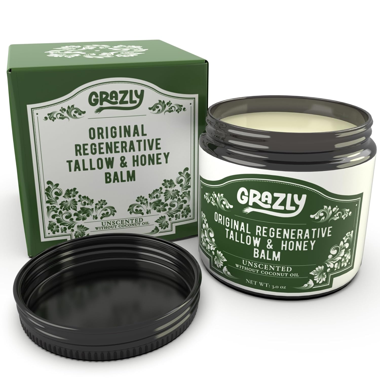 Grazly Original Beef Tallow & Manuka Honey Balm | 100% Grass‑Fed & Finished Beef Tallow, Raw Manuka Honey, Beeswax | Deeply Moisturizing & Repairing Skincare Balm | 3 oz Jar