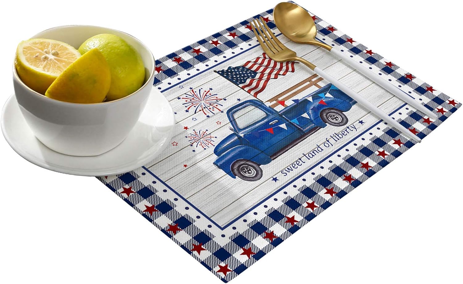 4th of July Patriot Placemats Set of 6 Truck USA Flag Independence Day Table Mats for Dining Table Stars Check Plaid Buffalo Wood Grain Patriotic Tablemat for Holiday Washable Heat Resistant